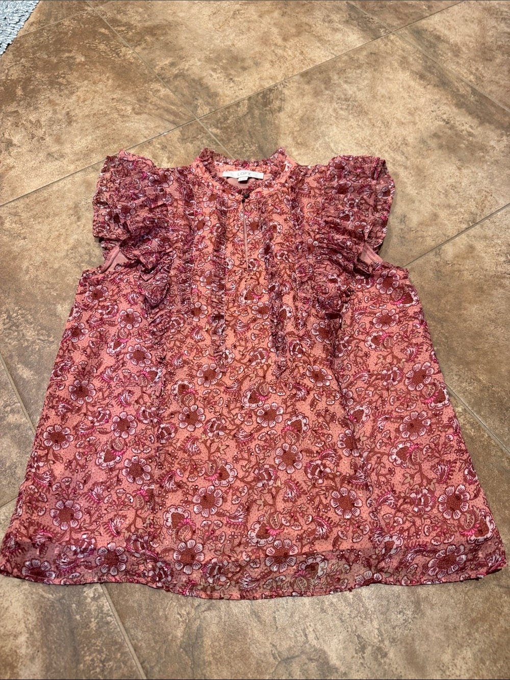 LOFT Pink Paisley Ruffle Sleeve Blouse—Size Medium